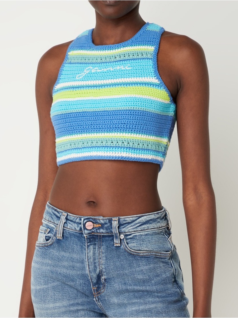 Ganni Striped Crocheted Crop Tank — Blue, Aqua & Lime racerback size 36